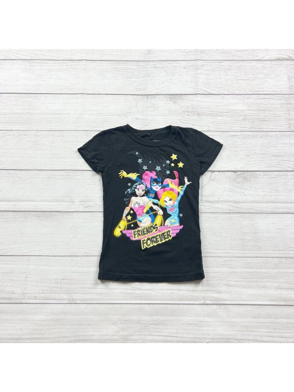 Justice League Girls Superhero T-Shirt Friends Forever Black Short Sleeve XS